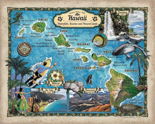 Travel Map Feature: 208 Custom map of Hawaii Waterfalls, Beaches, and Natural Lands image