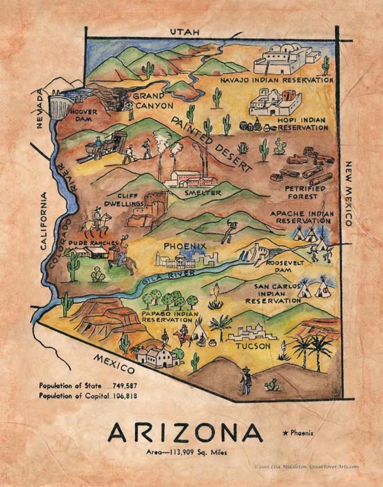 Travel Map Feature: 161 Illustrated map of Arizona, c. 1950's image