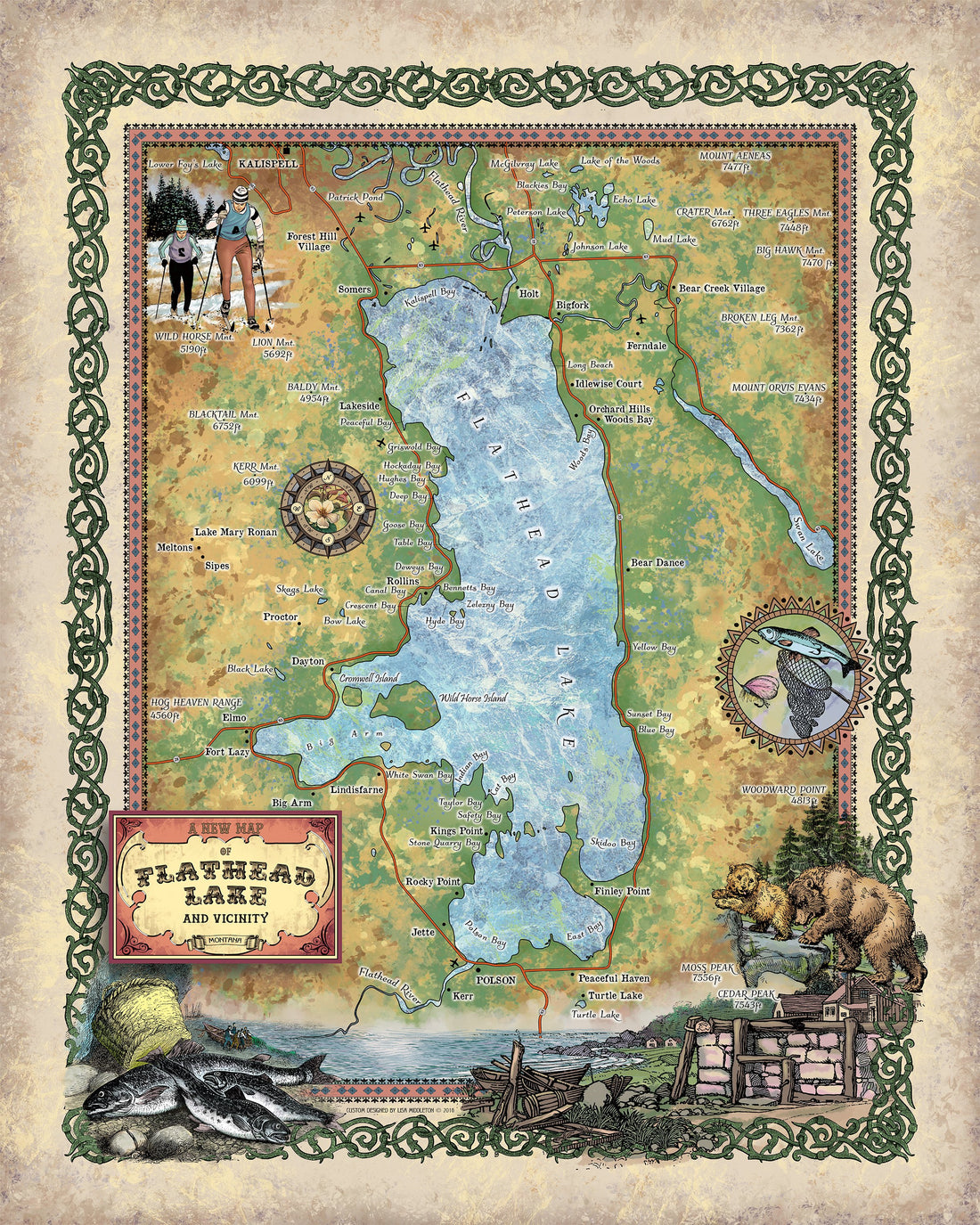 Travel Tuesday Map Feature: 287-Ornate Flathead Lake, Montana Designed and Painted by Lisa Middleton image