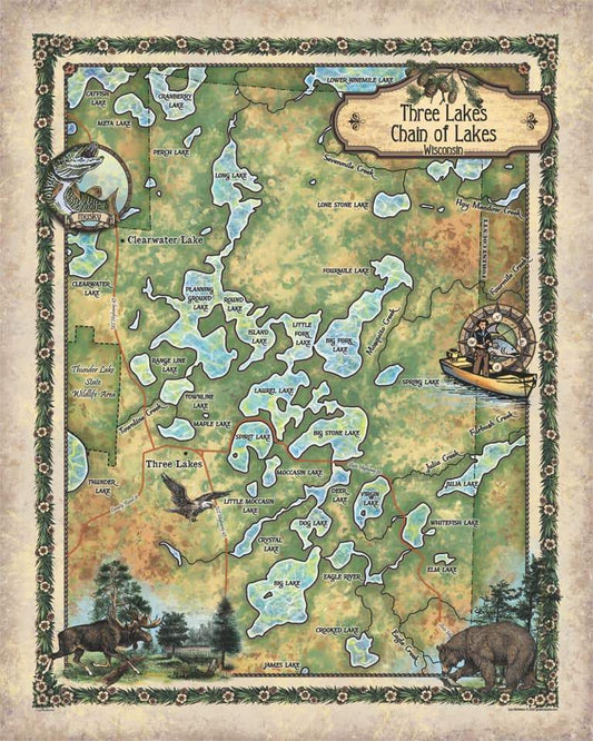 Travel Tuesday Map Feature: Three Lakes Chain of Lakes, Wisconsin Lake Art image