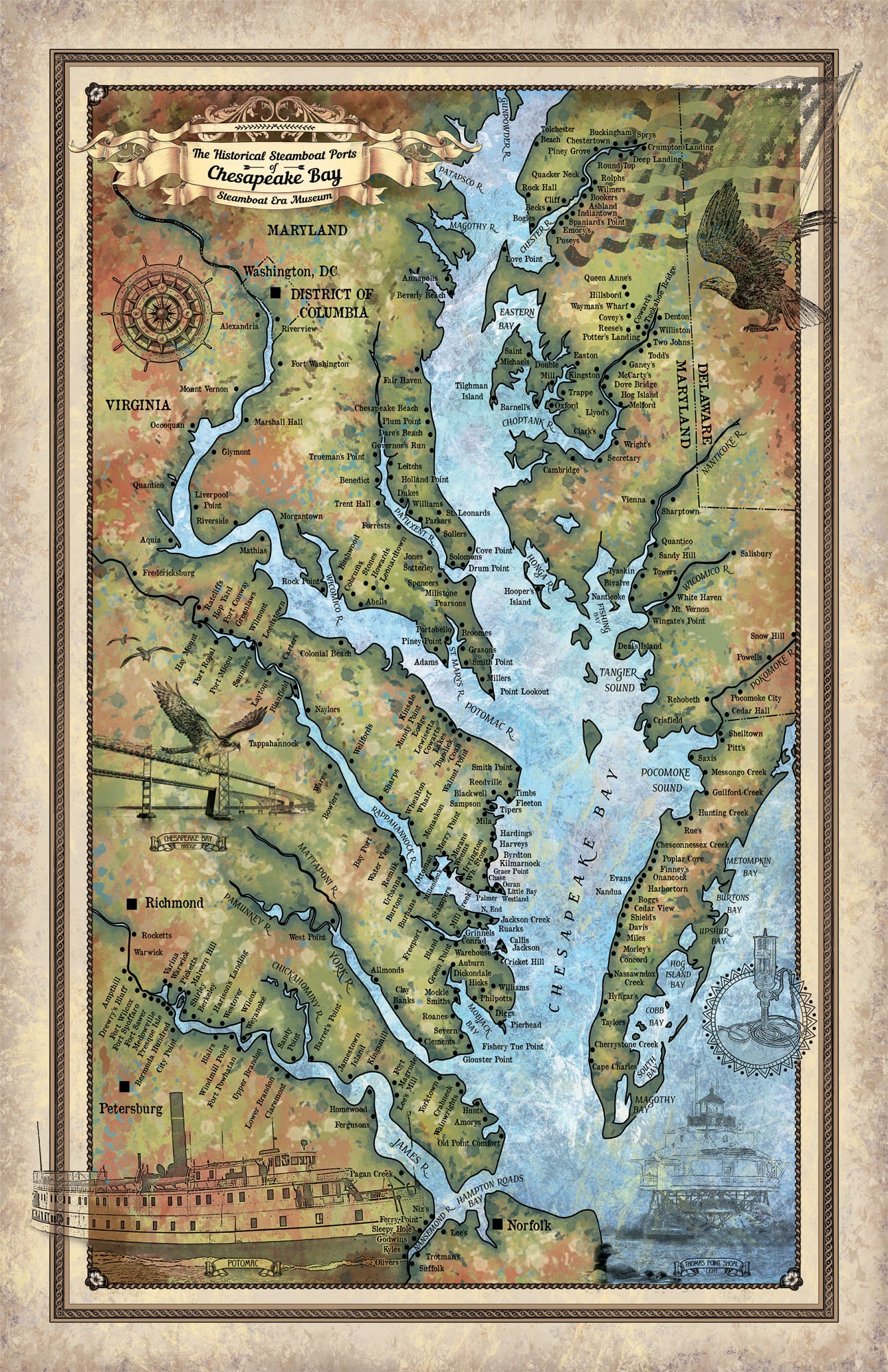 Chesapeake Bay Historic Map Reproduction Artwork Wall Art Print Vintage