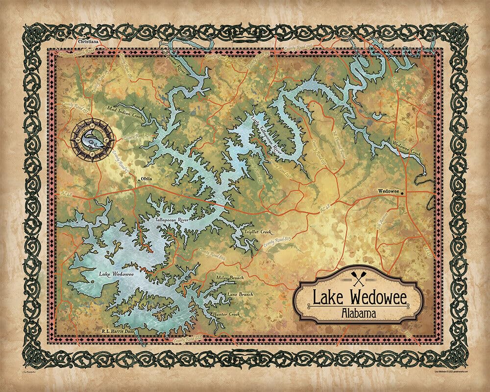 Great River Arts Lake Wedowee Alabama Vintage-Style Map Art - Wood/Metal Sign Rustic Lake House Wall Art Decor - Great Lakes Map Gift - Lake House Wall Decor