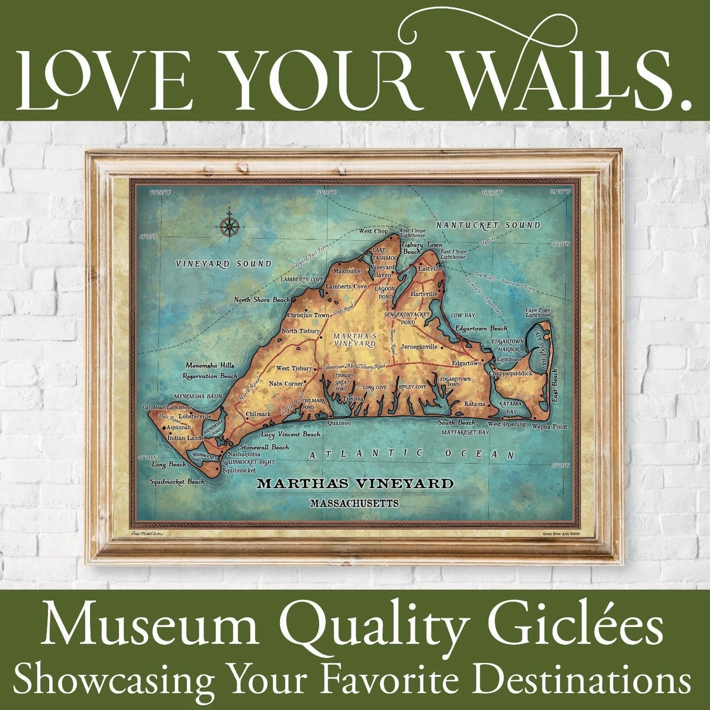 Great River Arts Martha's Vineyard Historic Map Reproduction Artwork Wall Art Print Vintage
