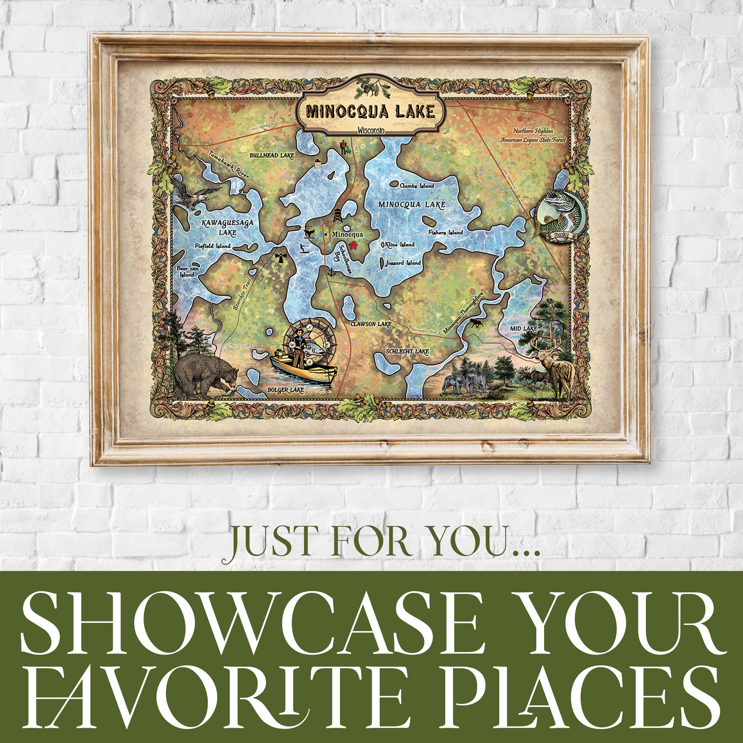 Great River Arts Minocqua Chain of Lakes Map Art - Wisconsin Lakes Map Gift - Ready to Frame Lake House Decor - Vintage Art Print Cabin Decor - Lake House Wall Decor Poster for Living Room