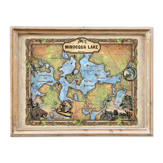 Great River Arts Minocqua Chain of Lakes Map Art - Wisconsin Lakes Map Gift - Ready to Frame Lake House Decor - Vintage Art Print Cabin Decor - Lake House Wall Decor Poster for Living Room