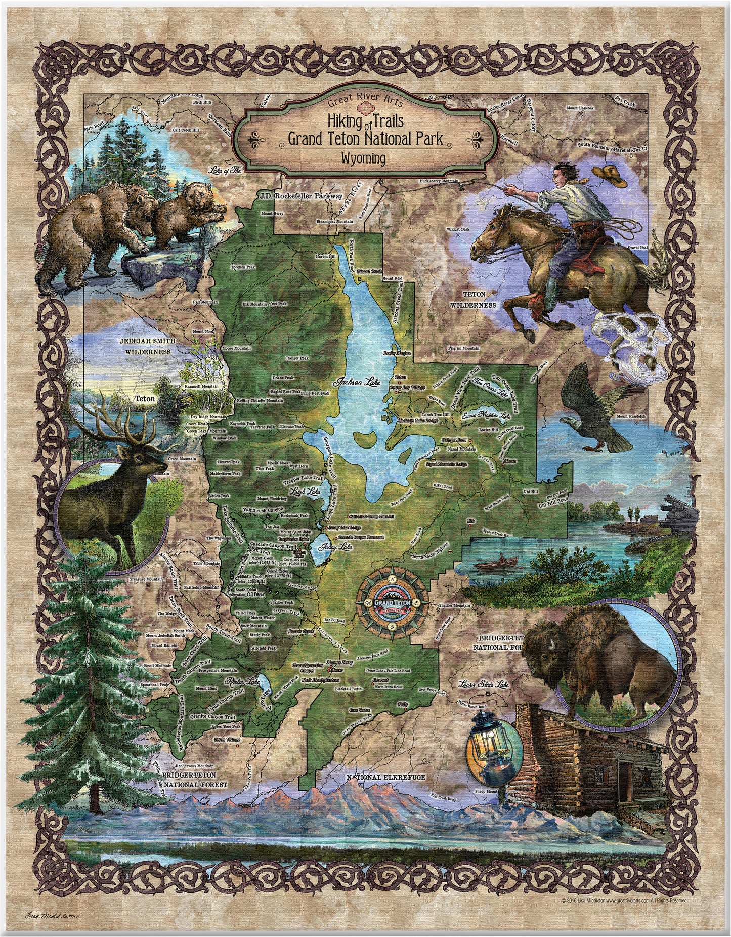 Great River Arts Custom Teton National Park Hiking Trails Historic Map Reproduction Artwork Wall Art Print Vintage