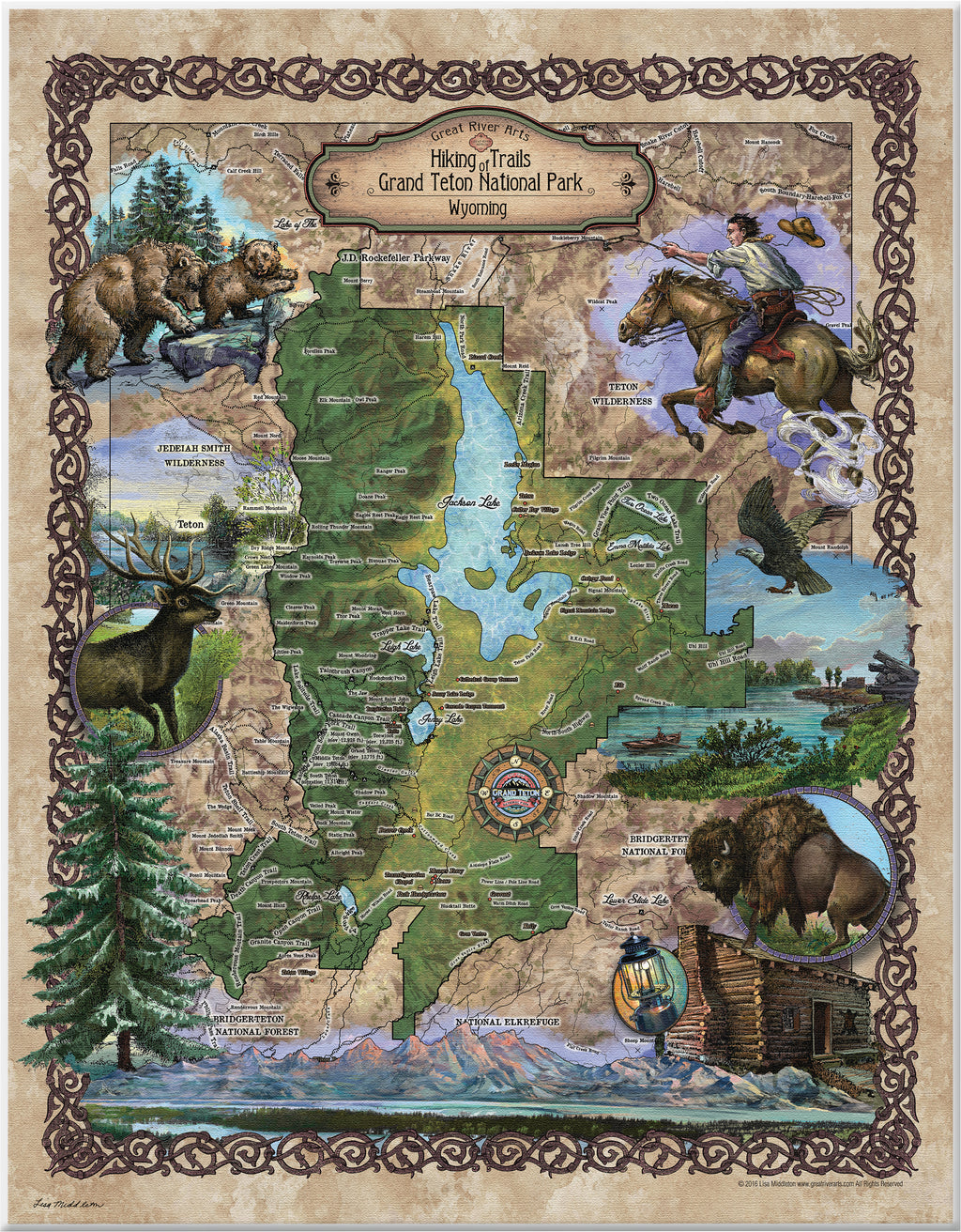 Great River Arts Custom Teton National Park Hiking Trails Historic Map Reproduction Artwork Wall Art Print Vintage