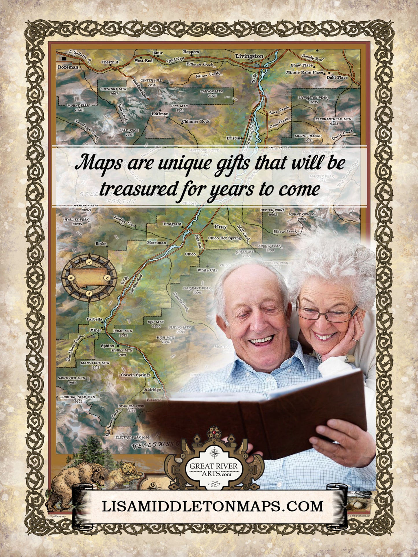 Montana map, paradise valley, bozeman, chico, livingston, yellowstone national park map, montana art, horse art, bear art map hand painted