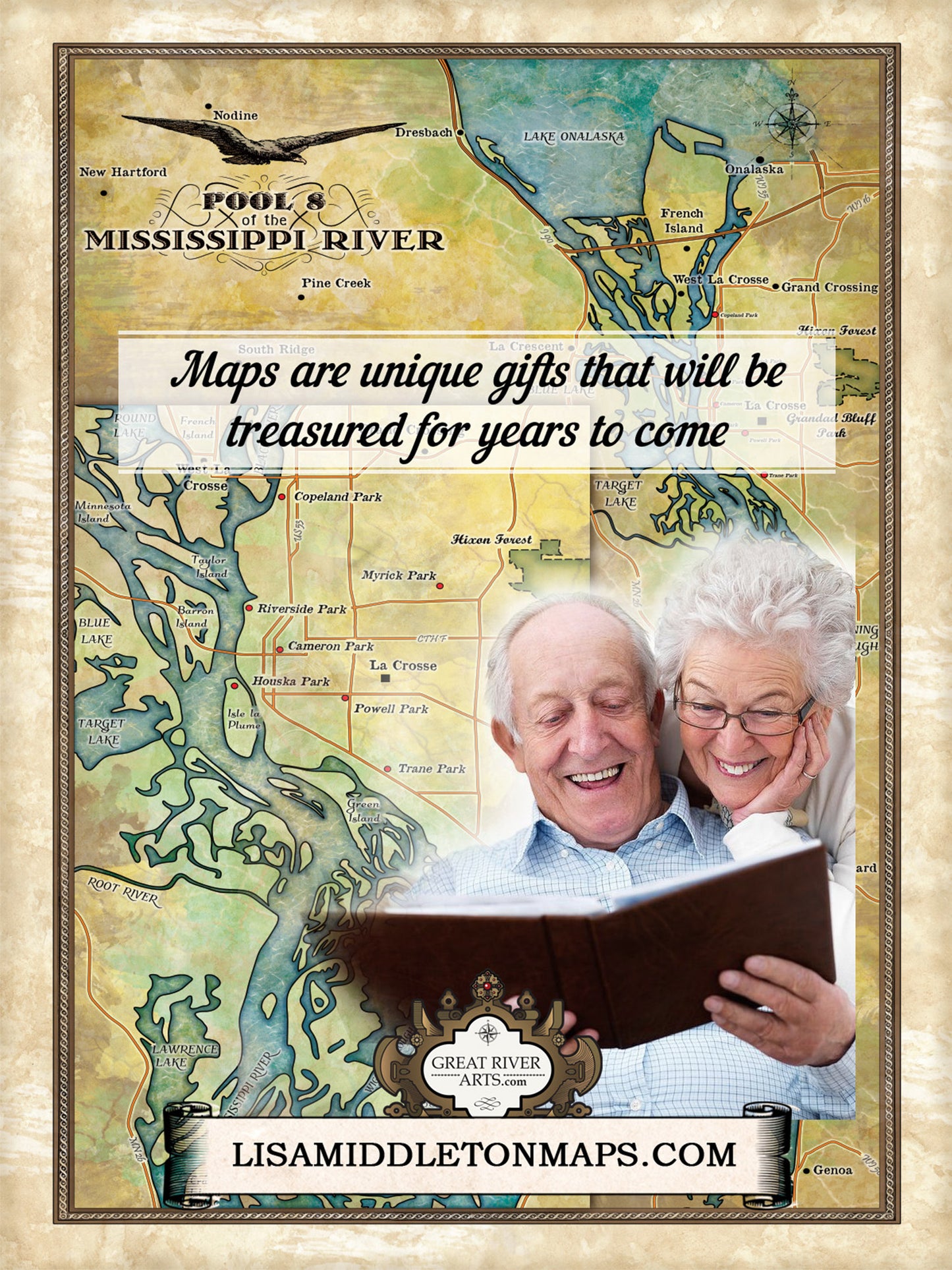Great River Arts Pool 8 Mississippi River Historic Map Reproduction Artwork Wall Art Print Vintage