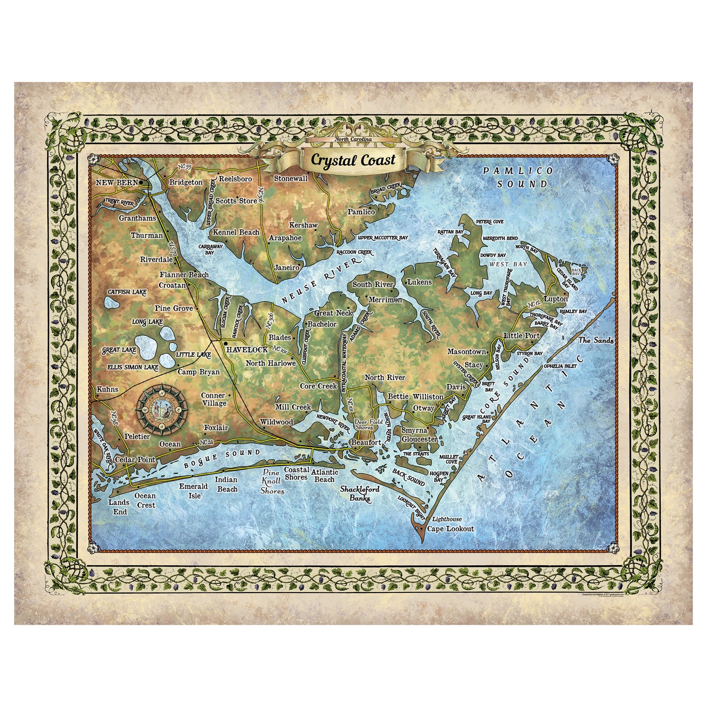 Great River Arts Crystal Coast No Illustrations Historic Map Reproduction Artwork Wall Art Print Vintage