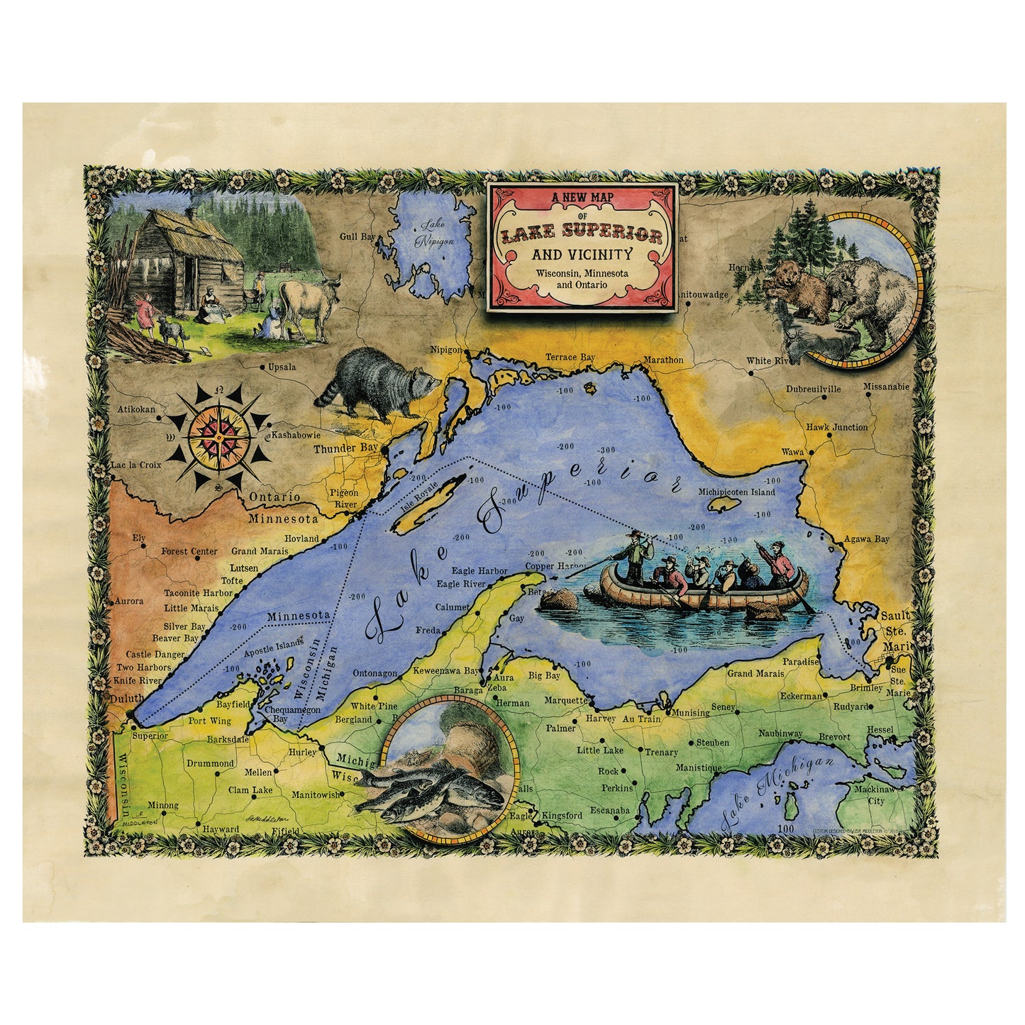 Lake Superior Historic Antique Map Art Print Poster Vintage Artwork Wall Art Decor For Home Office Livingroom Classroom Lakehouse Any Room Decor & Great Gift