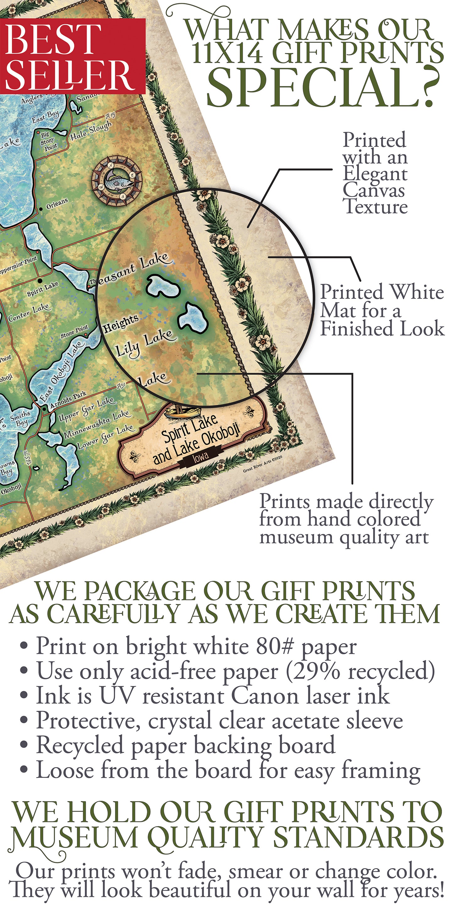 Great River Arts Spirit Lake and Lake Ookoboji Historic Map Reproduction Artwork Wall Art Print Vintage