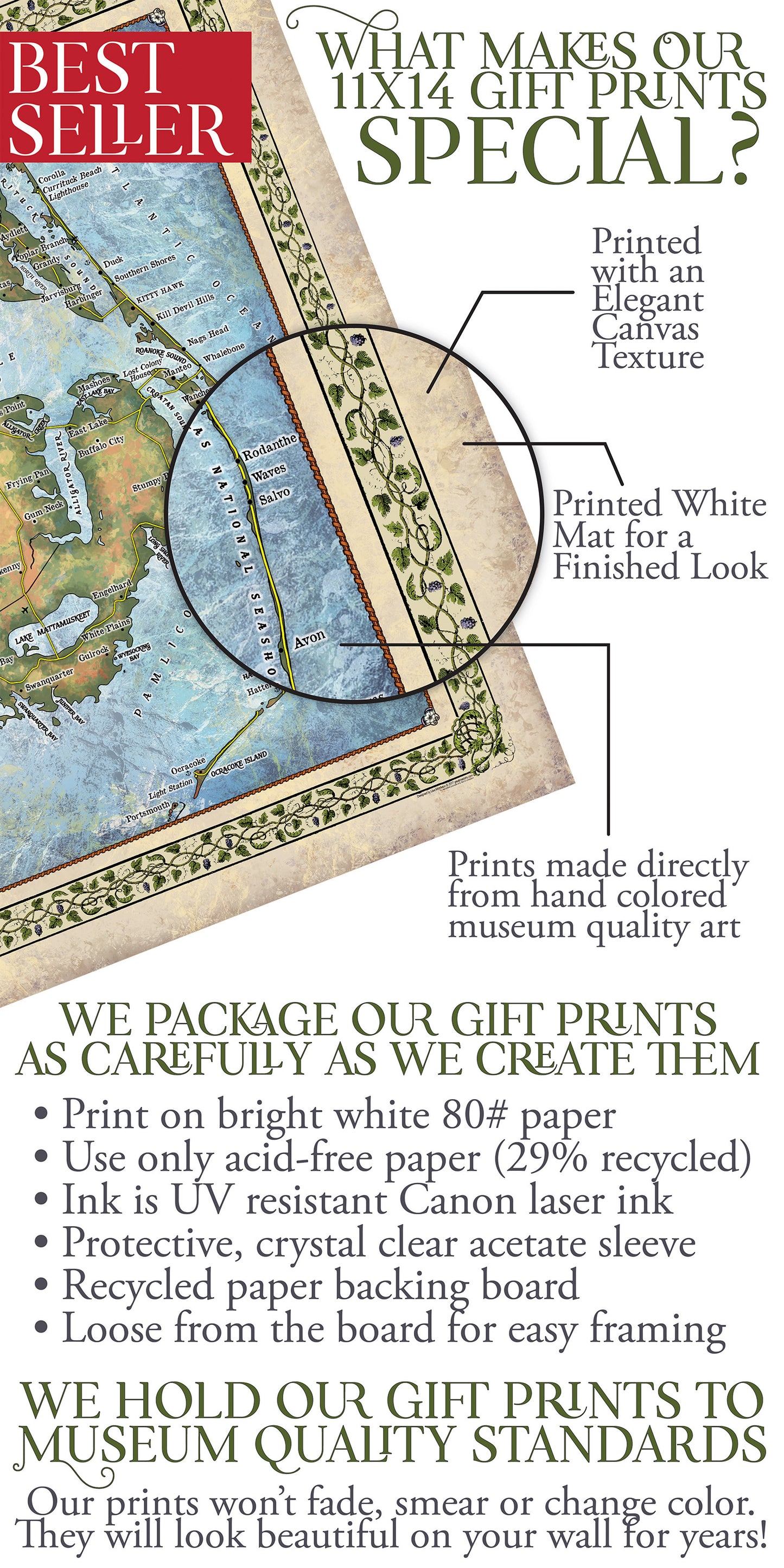 Great River Arts Outer Banks New No Illustrations Historic Map Reproduction Artwork Wall Art Print Vintage