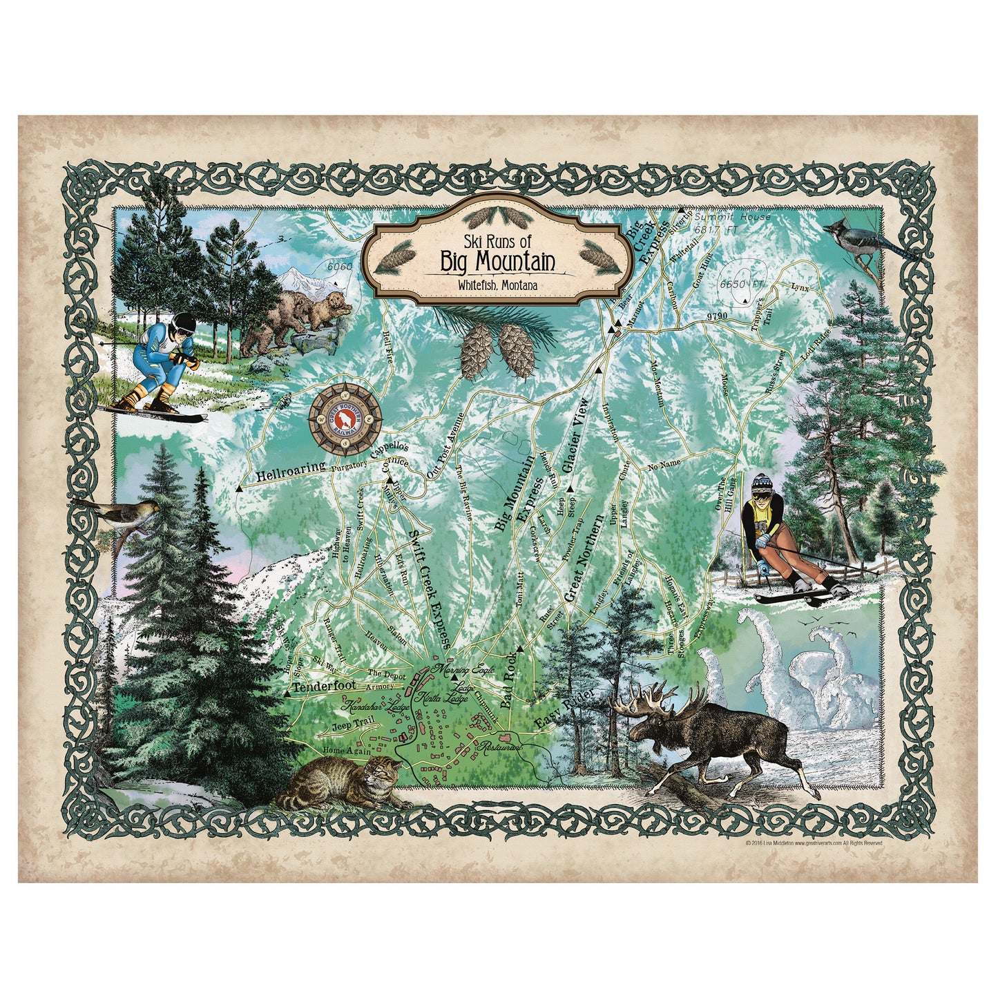 Great River Arts Big Mountain Ski Runs Historic Map Reproduction Artwork Wall Art Print Vintage