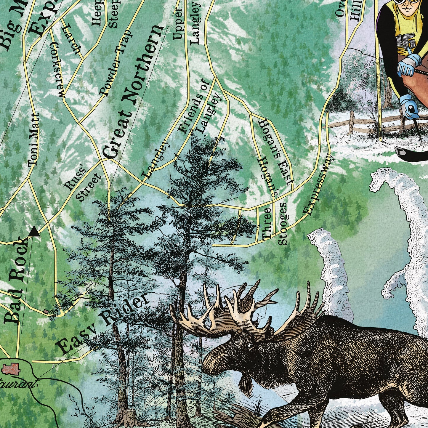 Great River Arts Whitefish Ski Runs Historic Map Reproduction Artwork Wall Art Print Vintage
