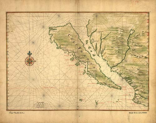 Great River Arts California 1650 Historic Map Reproduction Artwork Wall Art Print Vintage