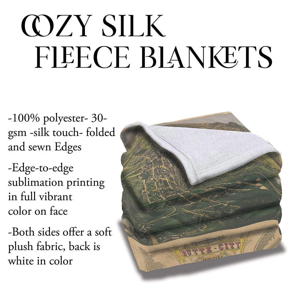 Butte City Montana 1884 Old Montana Map Blanket Double Stitched Edges Cozy Luxury Fluffy Super Soft 430 GSM Polyester Throw Blanket