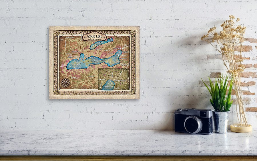 Geneva Lake Wisconsin, Wisconsin gifts, lake geneva map, lake art, lake decor, rustic decor, cabin decor, lake house art, wisconsin art, map