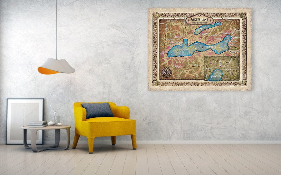 Geneva Lake Wisconsin, Wisconsin gifts, lake geneva map, lake art, lake decor, rustic decor, cabin decor, lake house art, wisconsin art, map