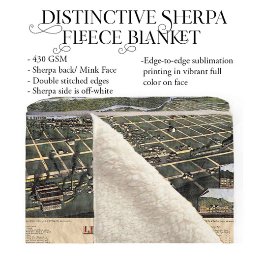 Montana Livingston Bird's Eye View 1883 Old Montana Map Blanket Double Stitched Edges Cozy Fluffy Super Soft 430 GSM Polyester Throw Blanket