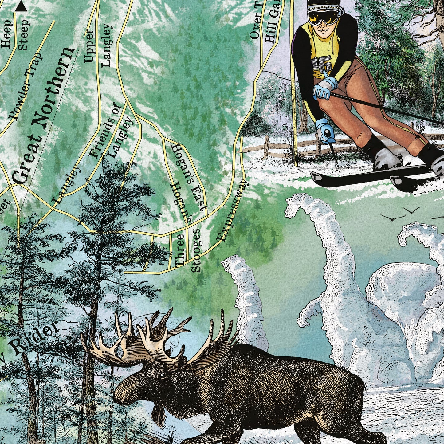 Great River Arts Big Mountain Ski Runs Historic Map Reproduction Artwork Wall Art Print Vintage