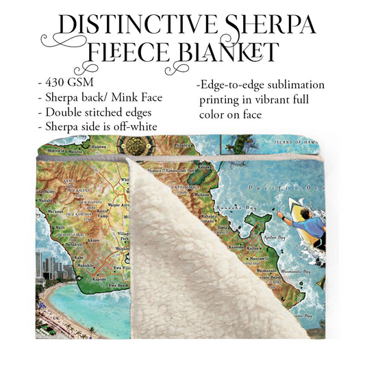 Oahu Hawaii Antique Map Art Blanket Throw Soft Polar/ Silky/ Sherpa Fleece Warm Blanket For Bed Sofa Chair Dorm Gift & Travel