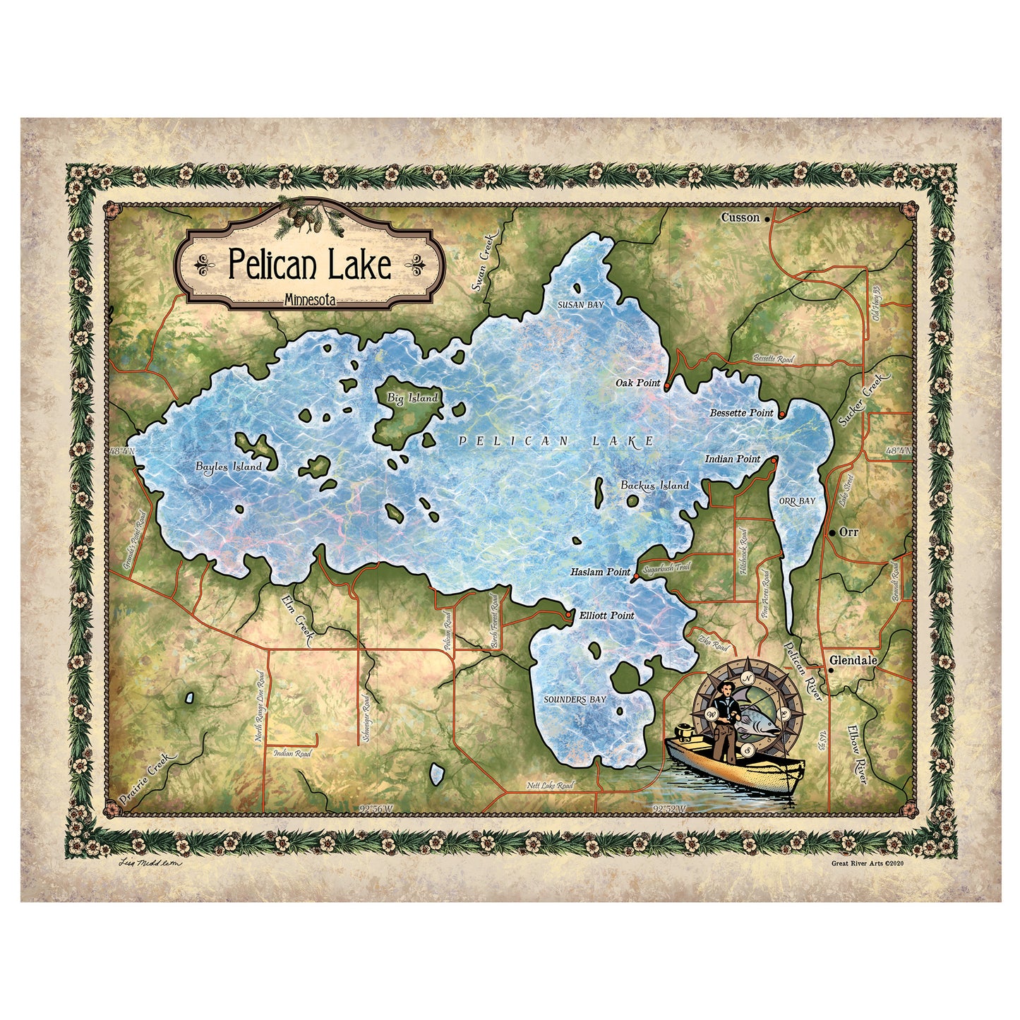 Great River Arts Pelican Lake Historic Map Reproduction Artwork Wall Art Print Vintage