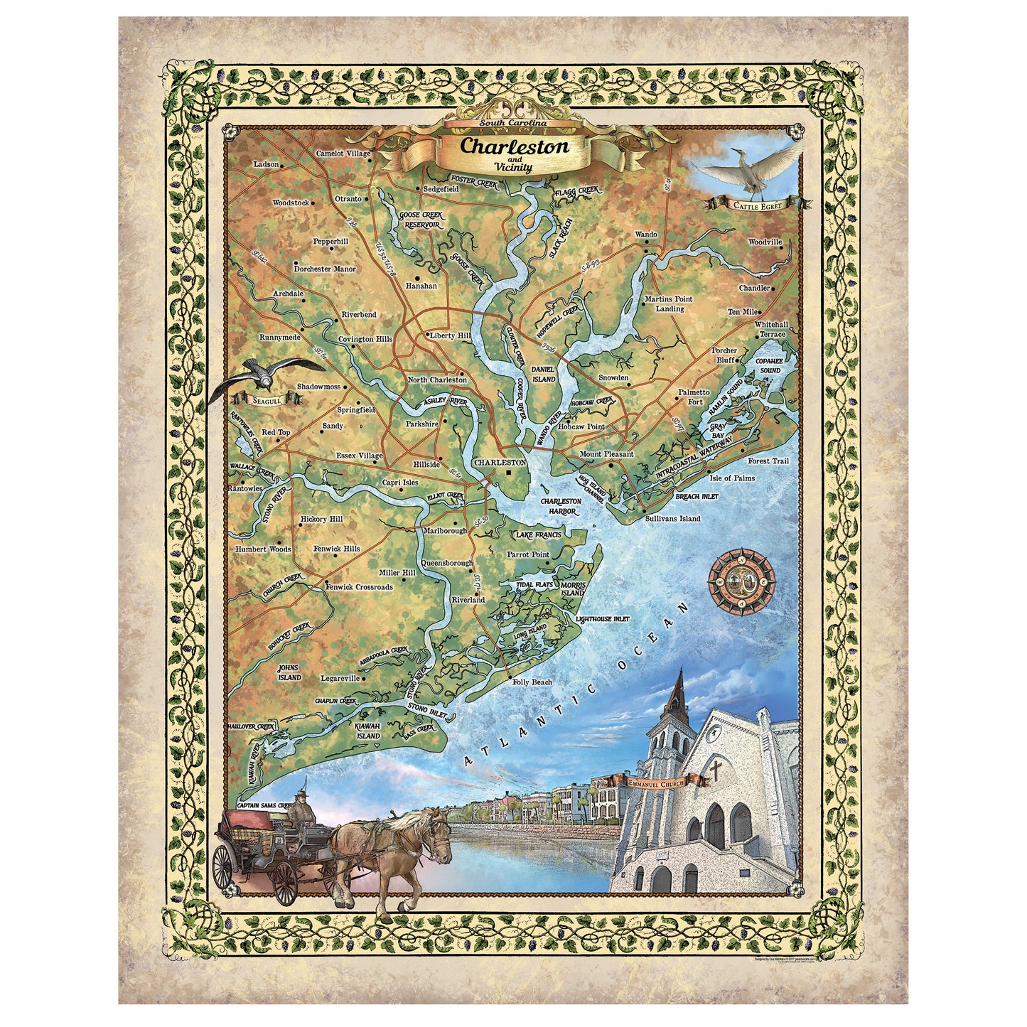 Charleston Historic Antique Map Art Print Poster Vintage Artwork Wall Art Decor For Home Office Livingroom Classroom Lakehouse Any Room Decor & Great Gift