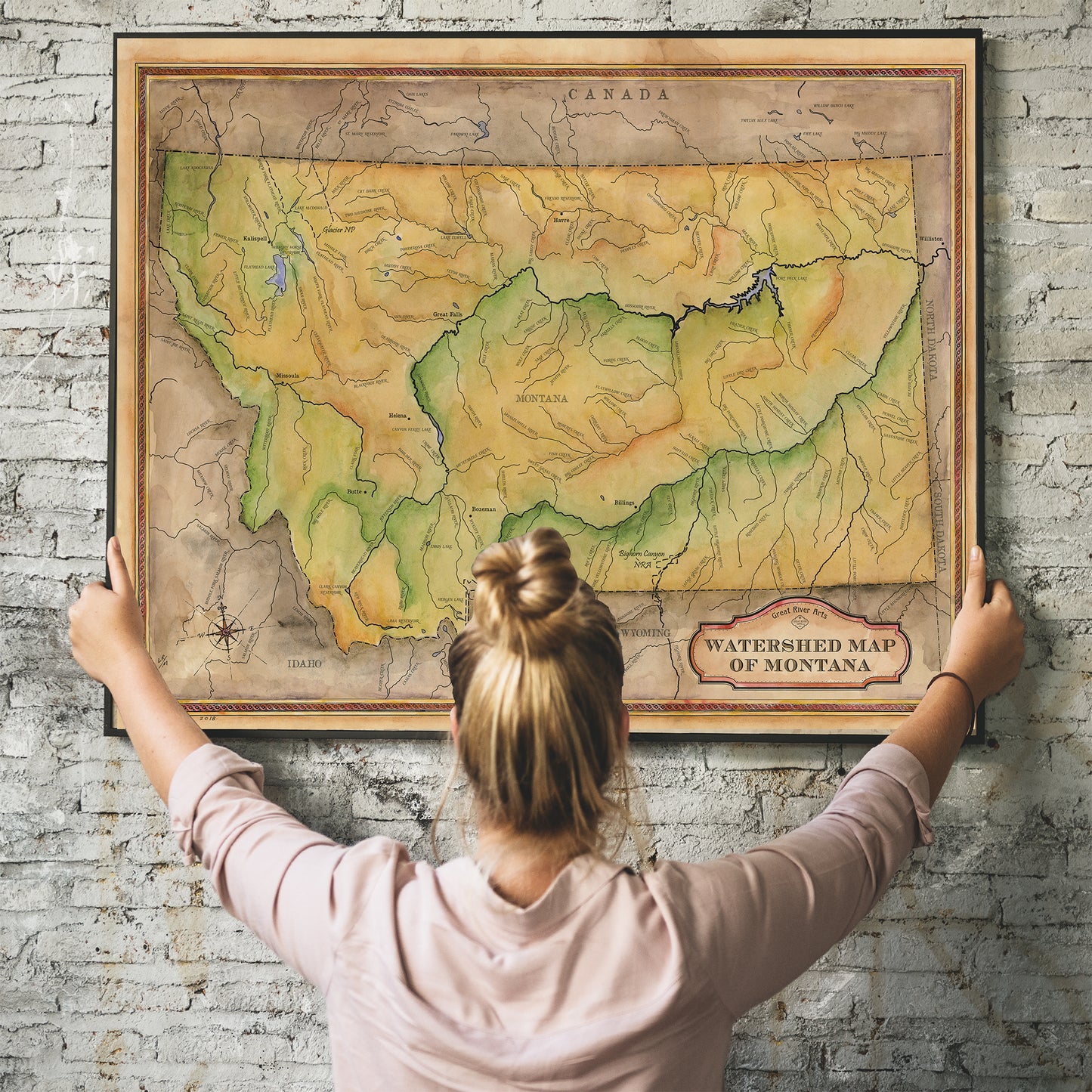 278-Custom map of Montana waterways, Wyoming,miles city,lake flathead,Kalispell,bozeman,vintage map by Lisa Mid