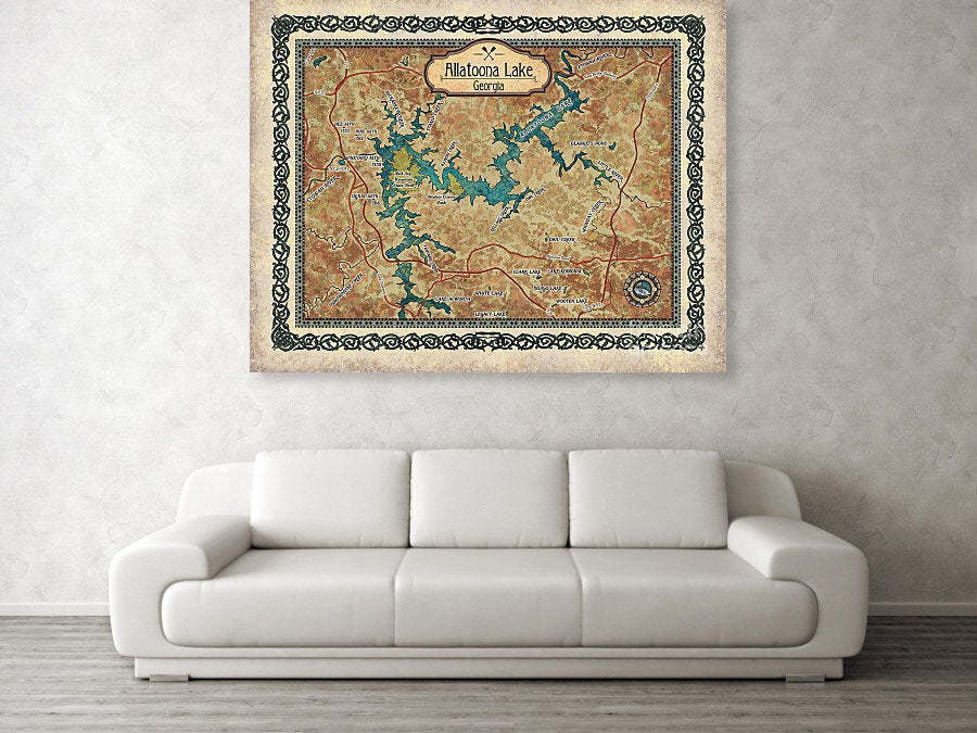 Allatoona Lake, Allatoona Lake map, lake life, lake house, lake art, lake gifts, Allatoona lake lake map, georgia gifts, lake gifts, fishing