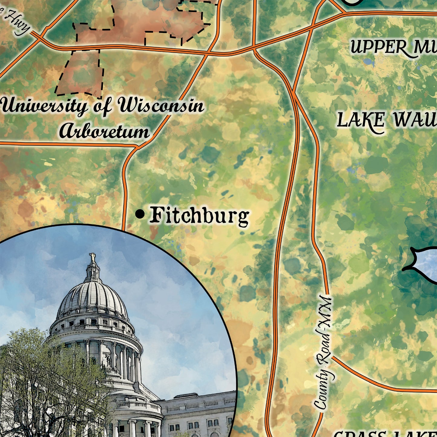 Great River Arts The Lakes of Madison Wi Historic Map Reproduction Artwork Wall Art Print Vintage
