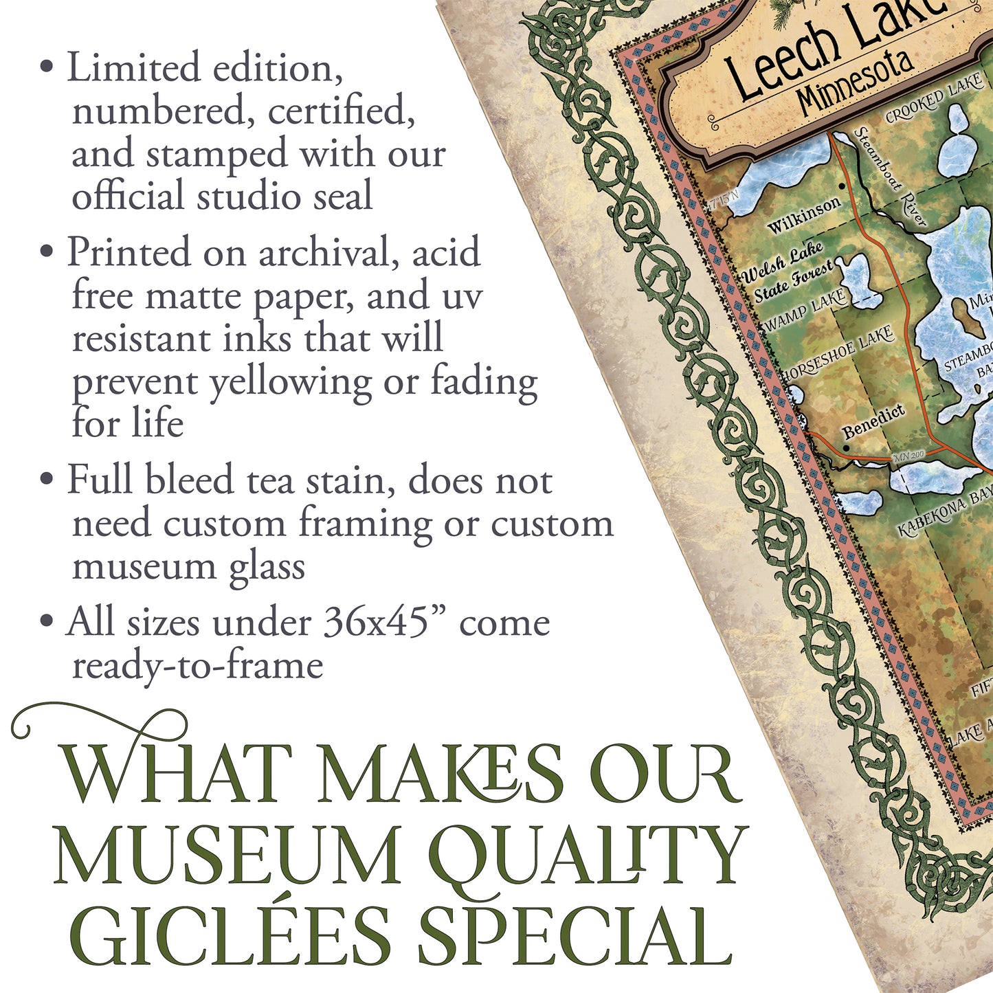 Great River Arts Leech Lake Historic Map Reproduction Artwork Wall Art Print Vintage