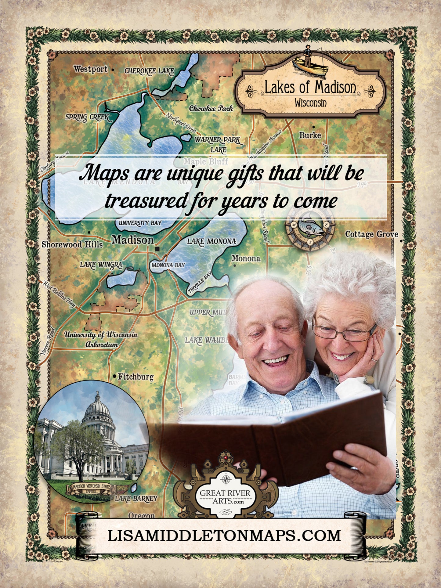 Great River Arts The Lakes of Madison Wi Historic Map Reproduction Artwork Wall Art Print Vintage