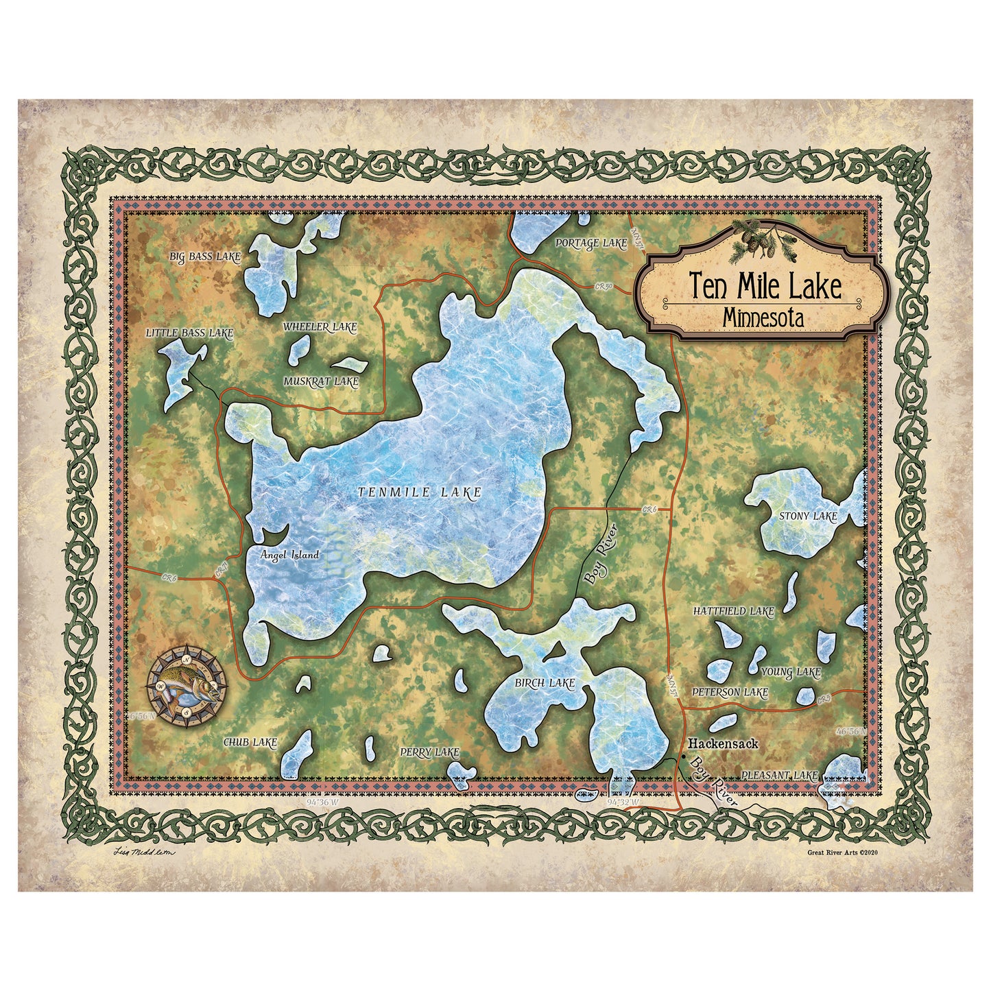 Great River Arts Ten Mile Lake Historic Map Reproduction Artwork Wall Art Print Vintage