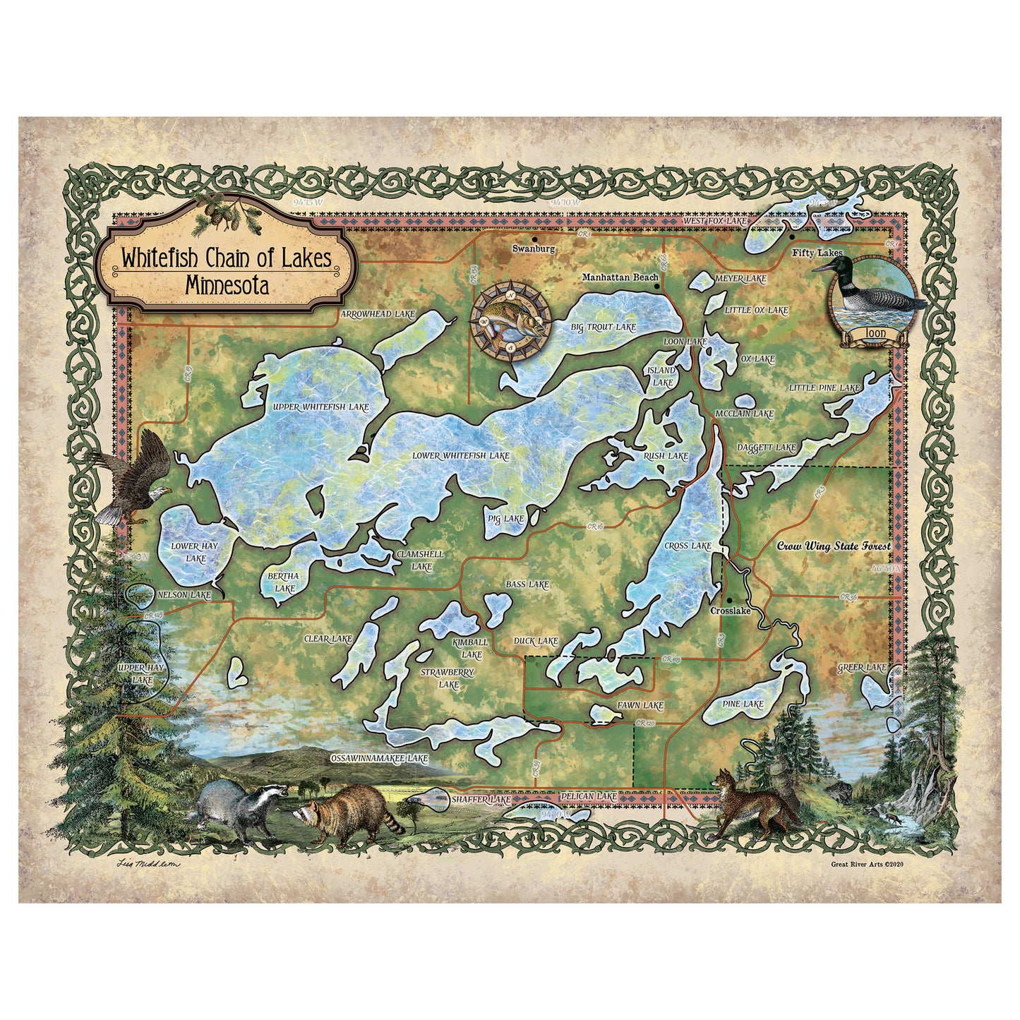 Great River Arts Whitefish Chain of Lakes with Illustrations Historic Map Reproduction Artwork Wall Art Print Vintage