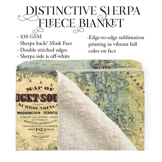 Puget Sound Washington Map Sherpa Fleece Blanket Double Stitched Edges Cozy Luxury Fluffy Super Soft 430 GSM Polyester Throw Blanket
