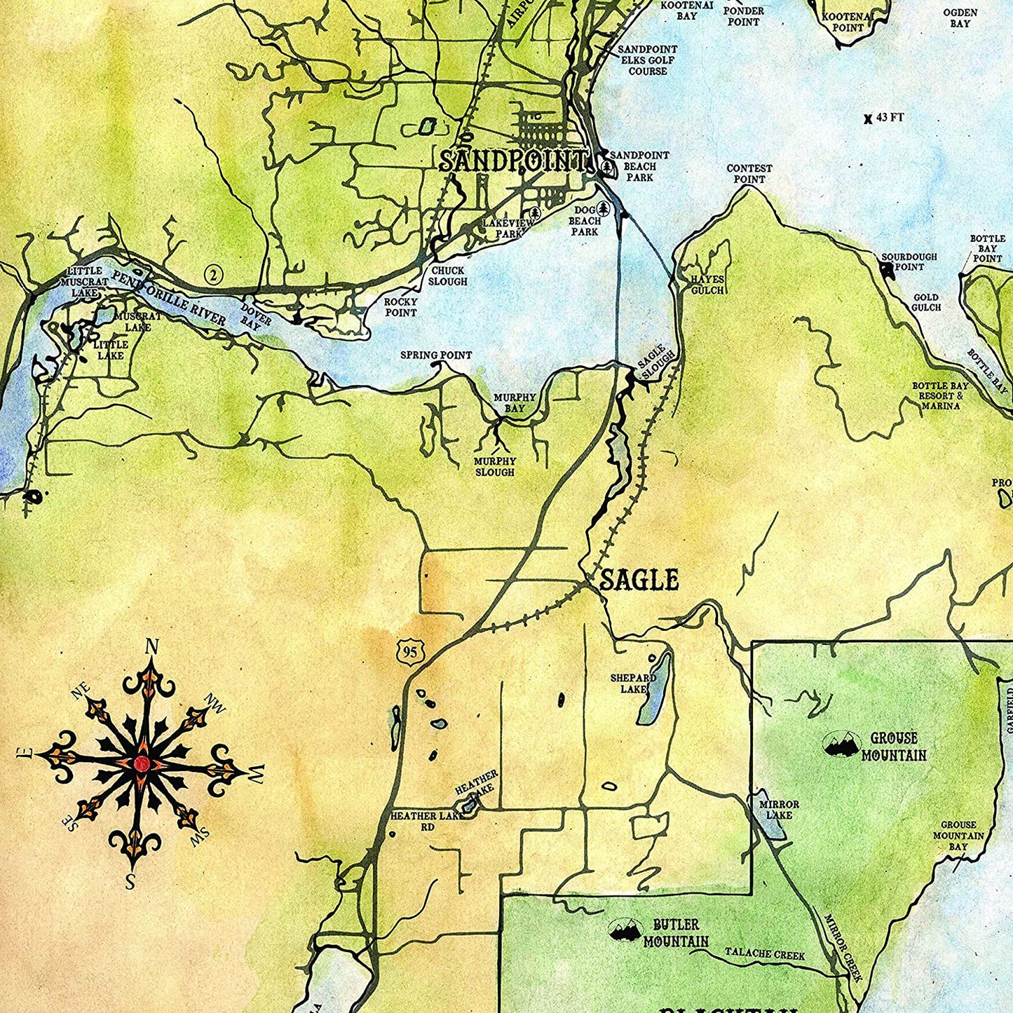 68 Lake Pend Oreille Idaho 11x14" Vintage Map Prints,Vintage Map Poster,Hand Painted Map,Historic Map,Antique Map,Great River Arts By Lisa M