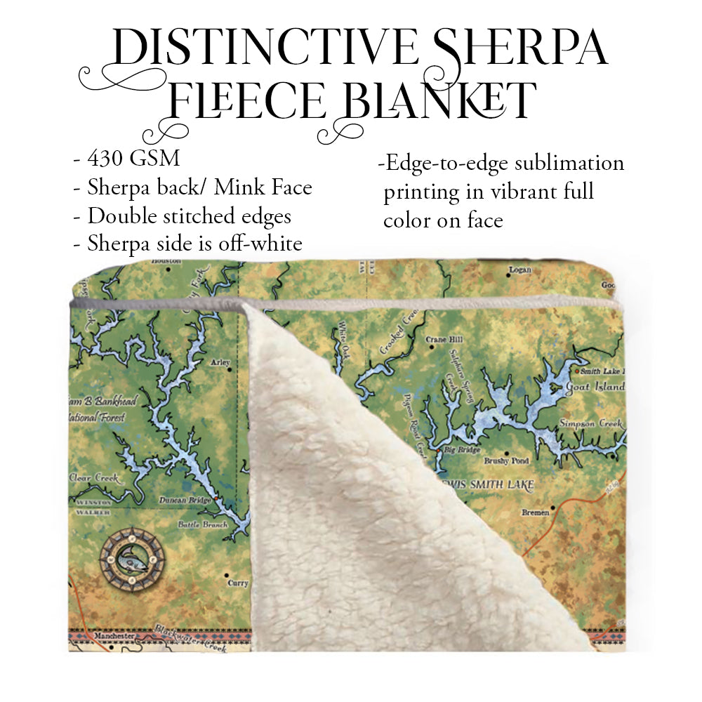 Lewis Smith Lake Alabama Map Art Blanket Throw Polar/ Silky/ Sherpa Fleece Warm Blanket for Winter Bed Couch Sofa Chair Dorm Gift & Travel