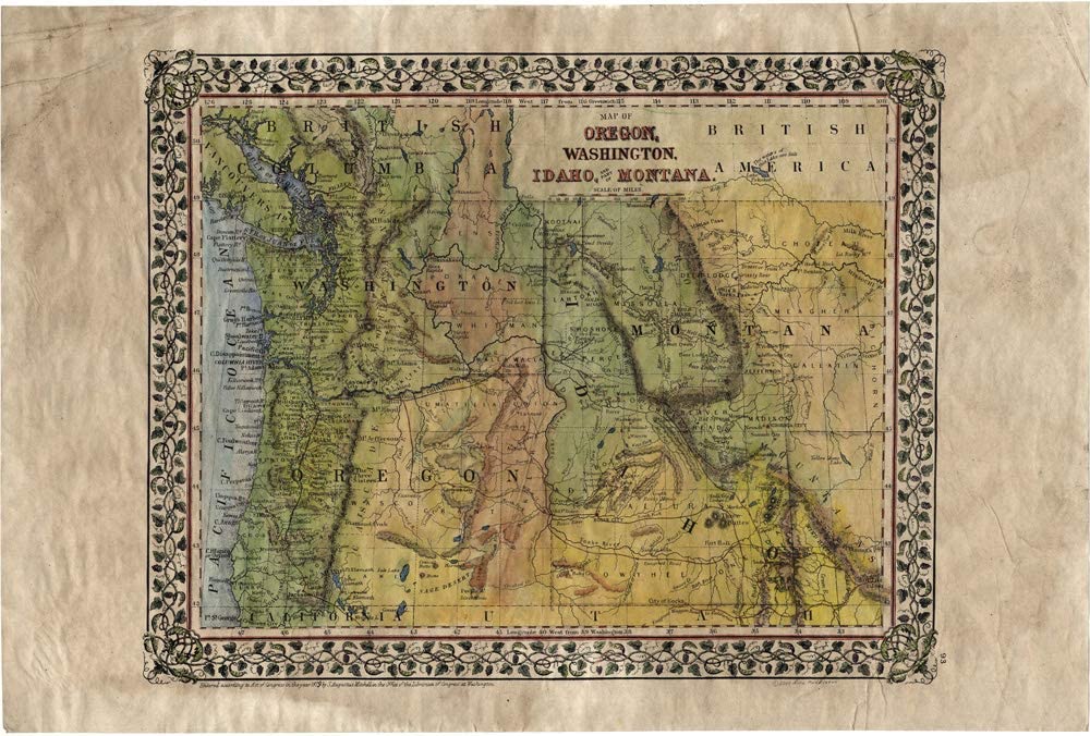102 Oregon,Washington,northwest,old northwest,Idaho and Part of Montana Historical Maps,hand Painted map,Great River Arts by Lisa Middleton