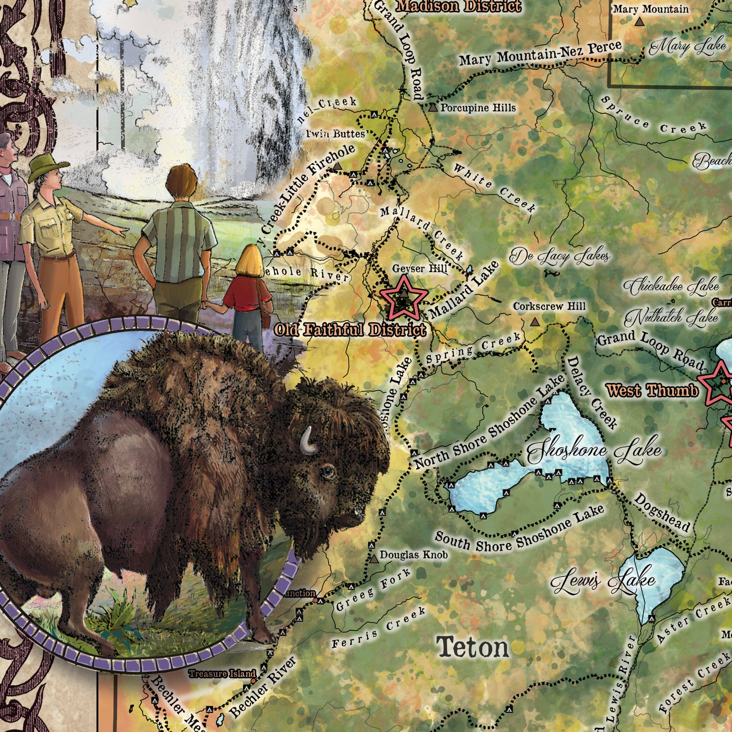 Hiking Yellowstone Wyoming and Montana Antique Map Art Blanket Throw Sherpa Fleece Blanket - Bed Sofa Couch Gift & Travel