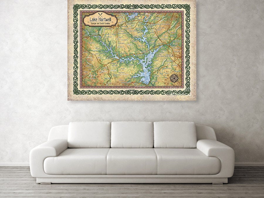Lake hartwell, Georgia lakes, lake life, lake house, lake art, lake gifts, hartwell lake SC, SC lake map, vintage map, map gifts, lake gifts