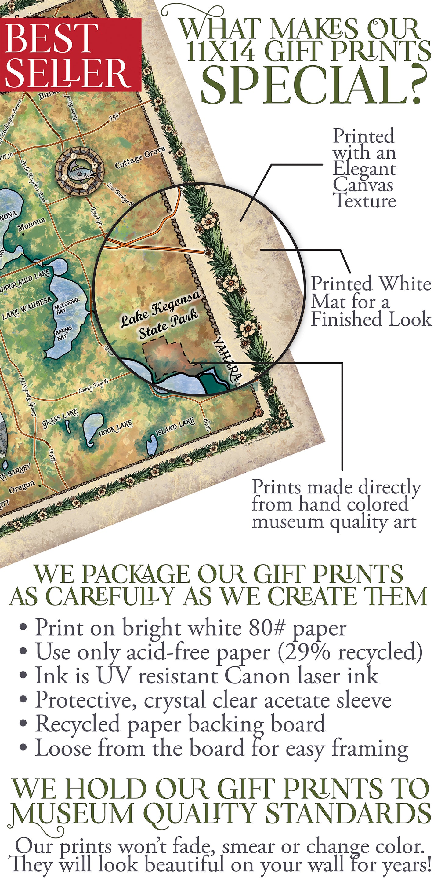 Great River Arts The Lakes of Madison Wi Historic Map Reproduction Artwork Wall Art Print Vintage