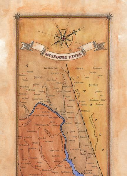 Missouri River Vintage historic antique map painting poster print by Lisa Middleton