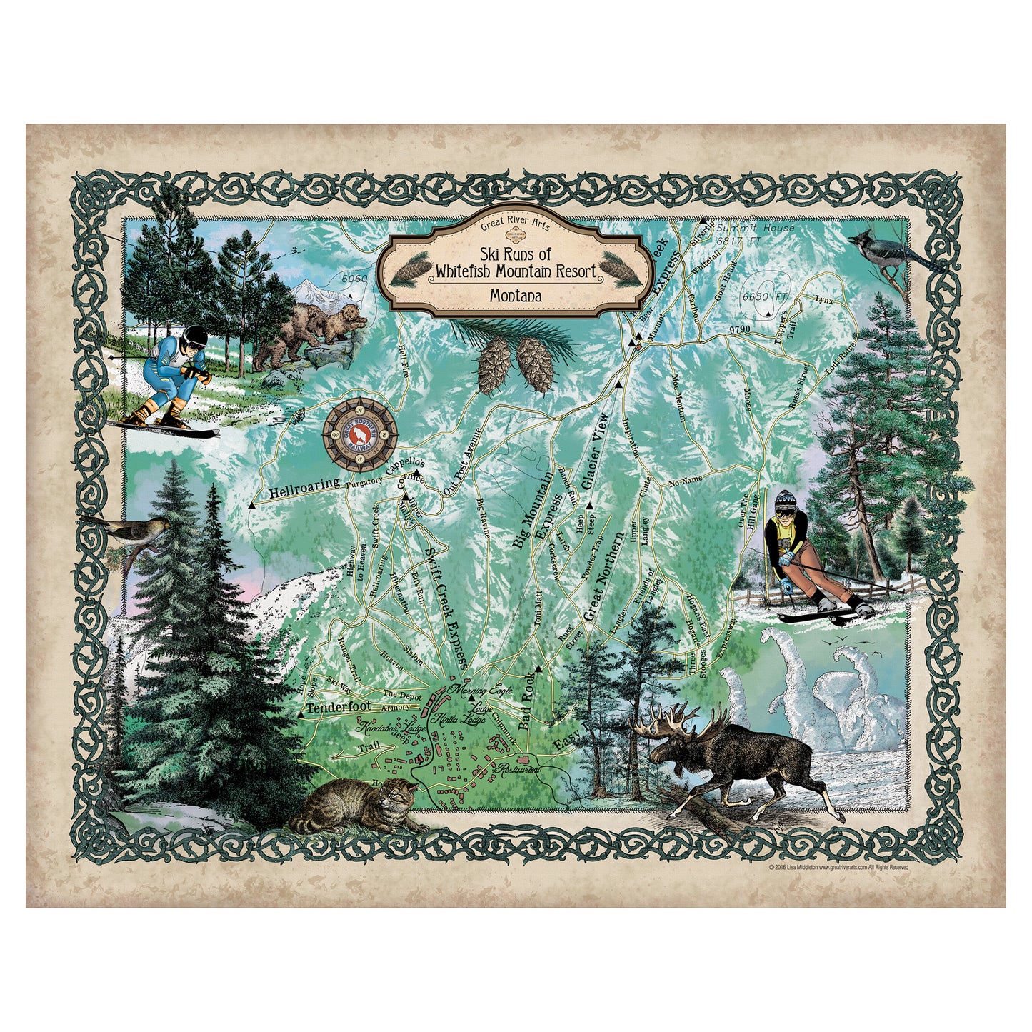whitefish, whitefish montana, big mountain, montana map, montana ski map, skier gift, skier wall art, skier art, winter artwork, cabin decor