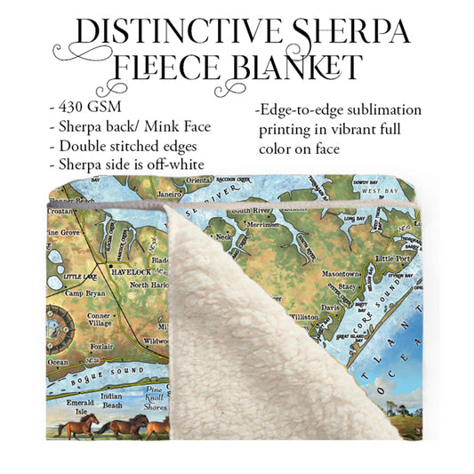 Crystal Coast, Beaufort North Carolina Map Blanket Double Stitched Edges Cozy Luxury Fluffy Super Soft 430 GSM Polyester Throw Blanket