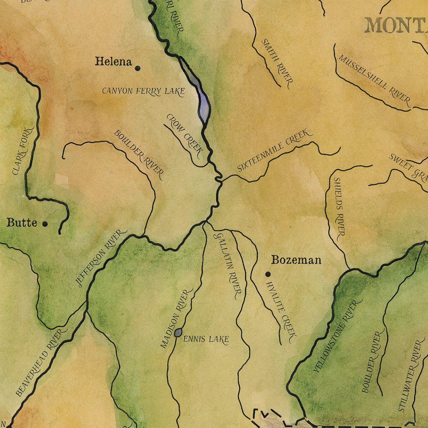 278-Custom map of Montana waterways, Wyoming,miles city,lake flathead,Kalispell,bozeman,vintage map by Lisa Mid