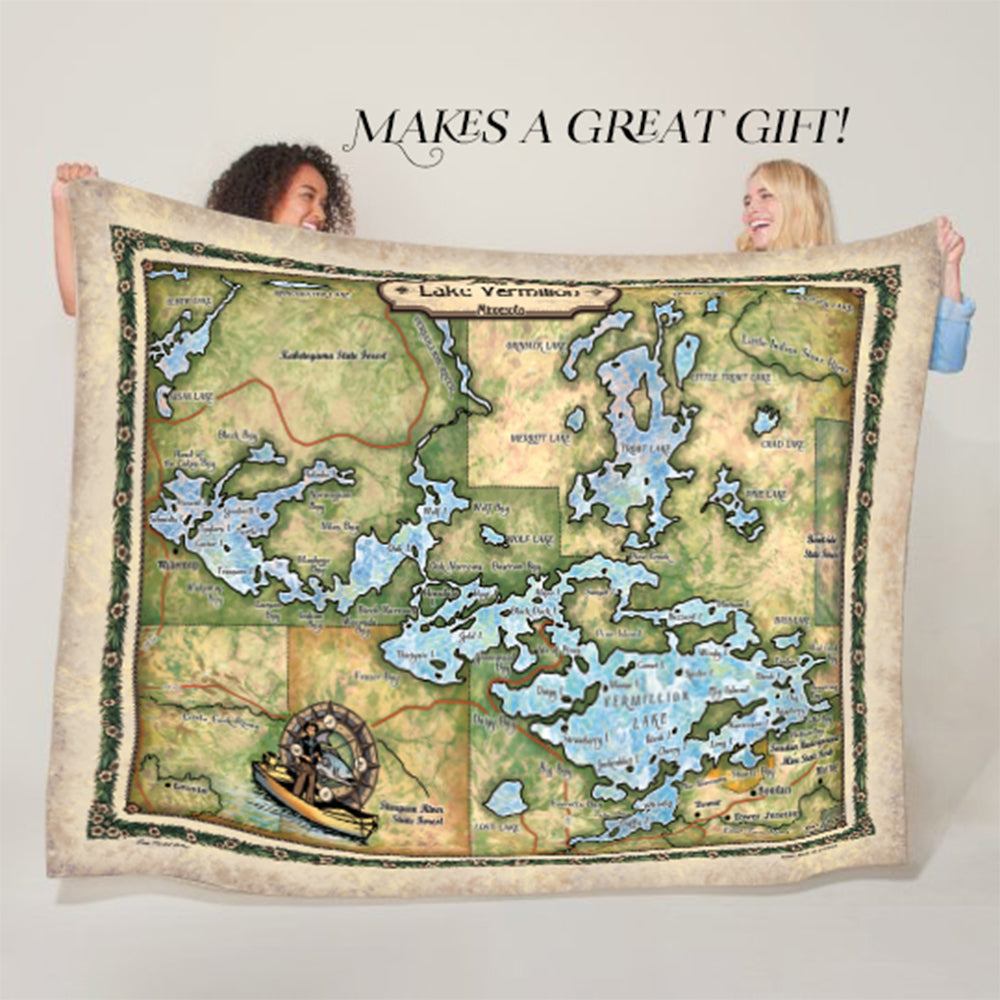 Vermilion Lake Minnesota Map Sherpa Fleece Blanket Double Stitched Edges Cozy Luxury Fluffy Super Soft 430 GSM Polyester Throw Blanket
