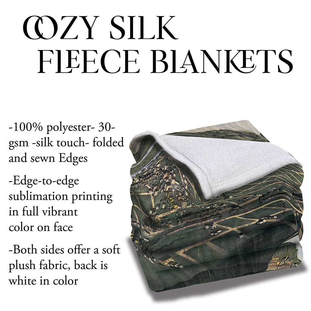 Montana Livingston Bird's Eye View 1883 Old Montana Map Blanket Double Stitched Edges Cozy Fluffy Super Soft 430 GSM Polyester Throw Blanket
