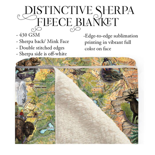 Yellowstone National Park Wyoming Montana Map Blanket Double Stitched Edges Cozy Fluffy Super Soft 430 GSM Polyester Throw Blanket