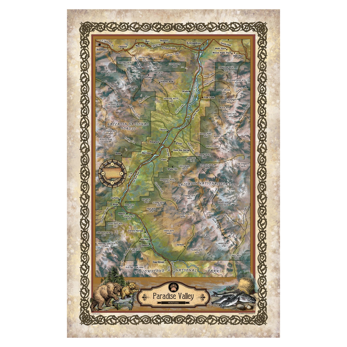 Montana map, paradise valley, bozeman, chico, livingston, yellowstone national park map, montana art, horse art, bear art map hand painted